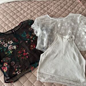 Bundle✨Floral Embroidered Black Sheer Top and Two White Tops